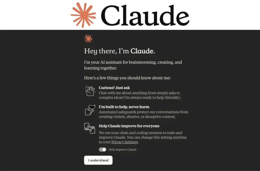Claude onboarding screen with the heading Hey there I’m Claude explaining its role as an AI assistant with icons describing curiosity safety and user privacy options
