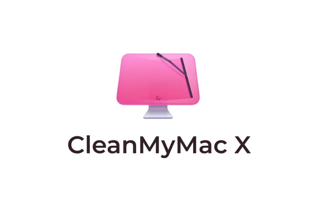 Logo of CleanMyMac X featuring a pink computer monitor with a cleaning tool, emphasizing system optimization and maintenance.