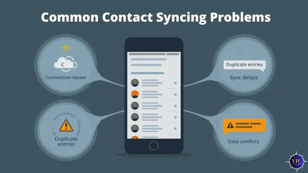 Illustration titled “Common Contact Syncing Problems” showing a smartphone in the center with a vertical list of contacts on the screen, surrounded by circular callouts representing issues including connection problems, duplicate entries, sync delays, and data conflicts, using cloud, warning, and message icons on a dark blue background