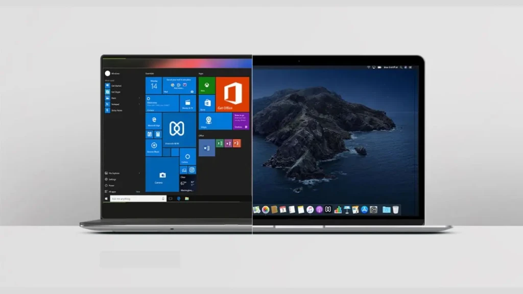 A split-screen view showing a MacBook running Windows 10 on the left (with Start menu open) and macOS on the right (with default desktop wallpaper), illustrating the seamless side-by-side experience of running both operating systems on a single device using Boot Camp or virtualization.