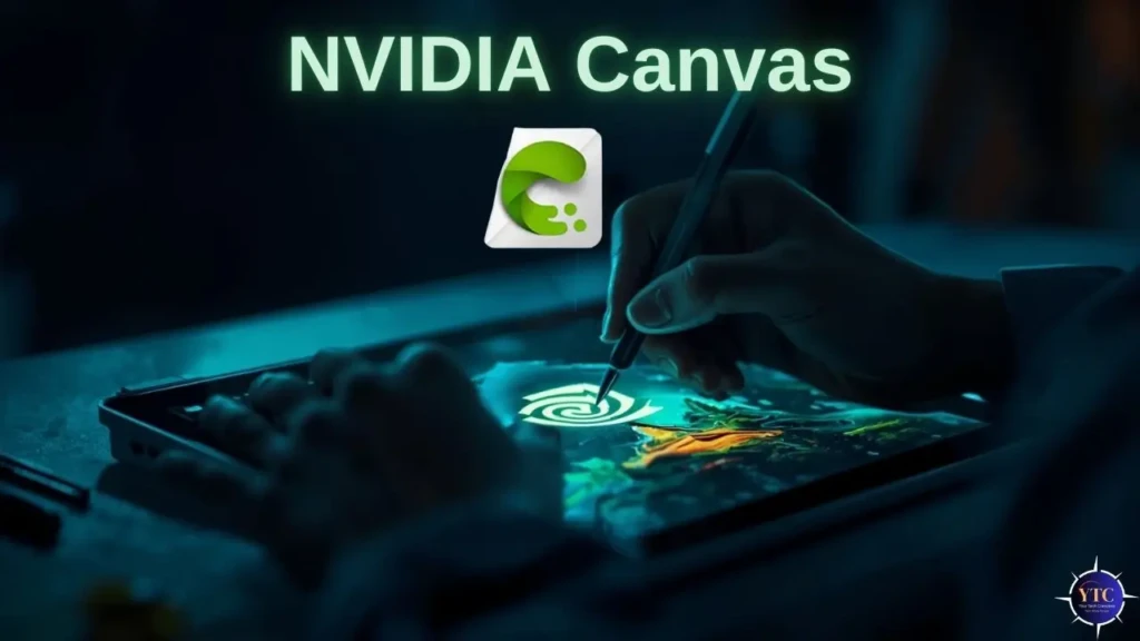 A promotional graphic titled “NVIDIA Canvas” showing a hand using a stylus to paint on a tablet under blue ambient lighting, with the app’s green “C” logo floating above, illustrating real-time AI-assisted digital painting in a creative, immersive environment.