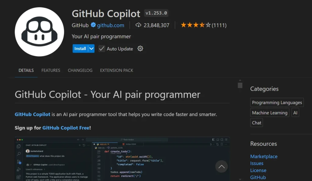 Visual Studio Code Marketplace page for GitHub Copilot showing the extension listing, install button, ratings, and code editor preview