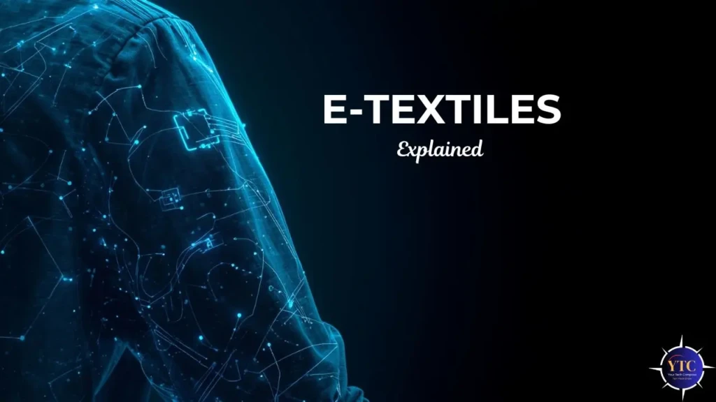 Hero image titled “E-Textiles Explained” showing illuminated digital threads embedded in fabric to represent connected smart textiles.