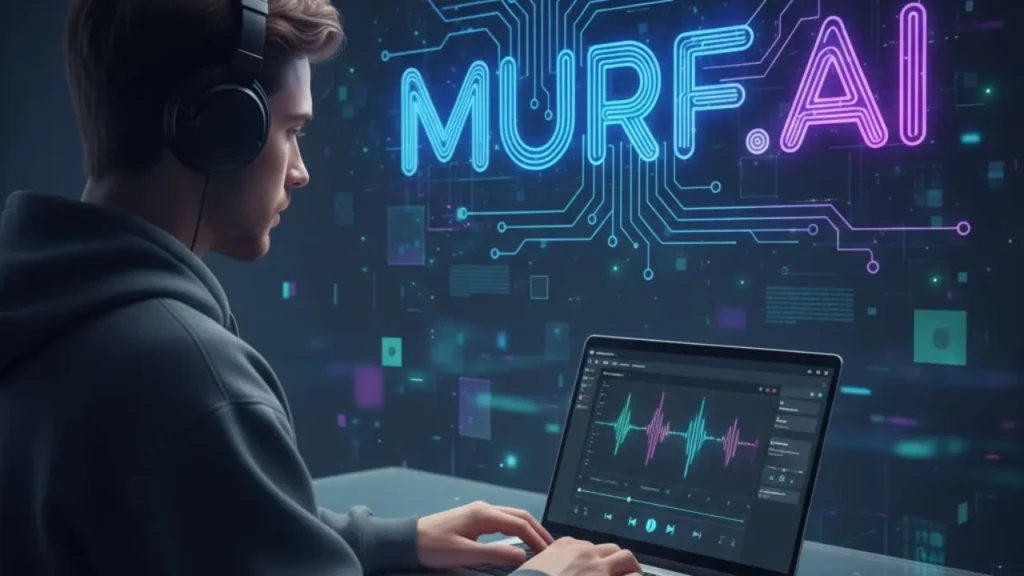 User with headphones interacts with a laptop displaying audio waveform software and the "MURF.AI" logo in a tech-inspired setting.