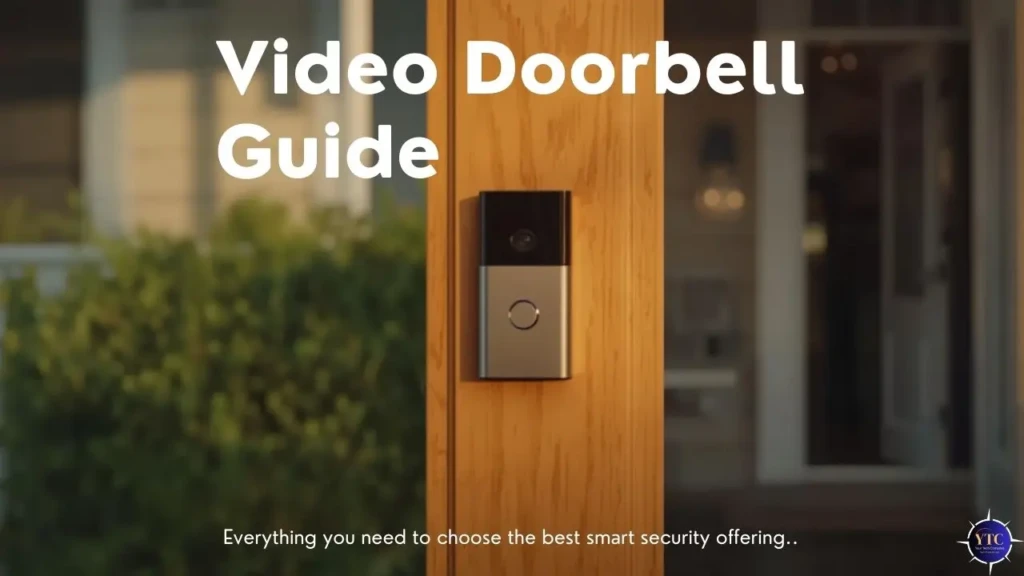 A sleek video doorbell mounted on a wooden front door, with soft evening lighting and greenery in the background, overlaid with the text “Video Doorbell Guide” and the subtitle “Everything you need to choose the best smart security offering,” introducing a comprehensive resource for selecting and setting up home security systems.