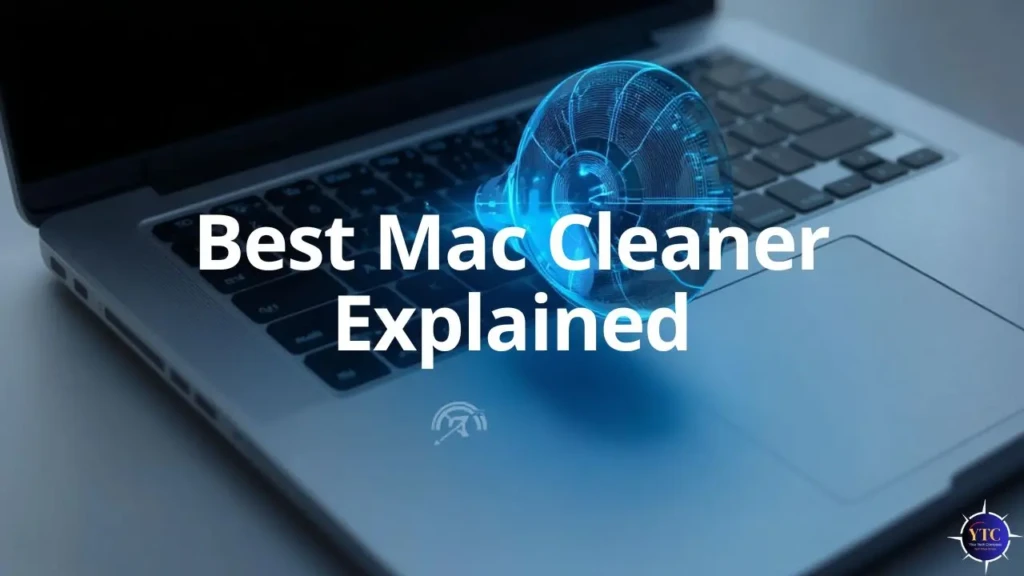 A close-up of a MacBook keyboard with a futuristic blue holographic fan icon floating above it, overlaid with large white text reading “Best Mac Cleaner Explained,” symbolizing system cooling, performance boost, and intelligent optimization for macOS devices.