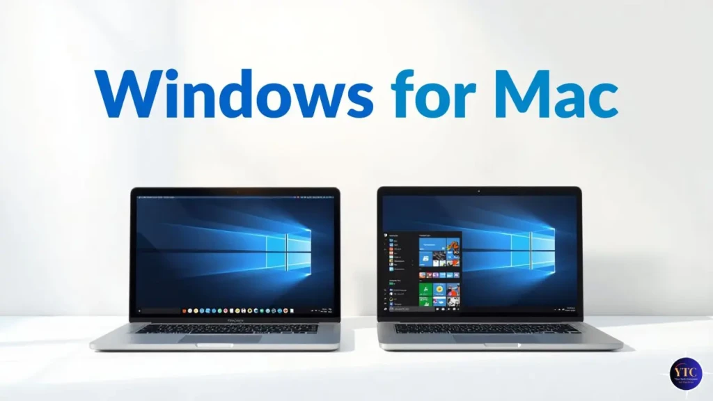 Two MacBook laptops side by side on a white surface, both running Windows, one displaying the default desktop and the other showing the Start menu, under large blue text reading “Windows for Mac,” illustrating how users can install and use Windows OS on Apple hardware via virtualization or Boot Camp.