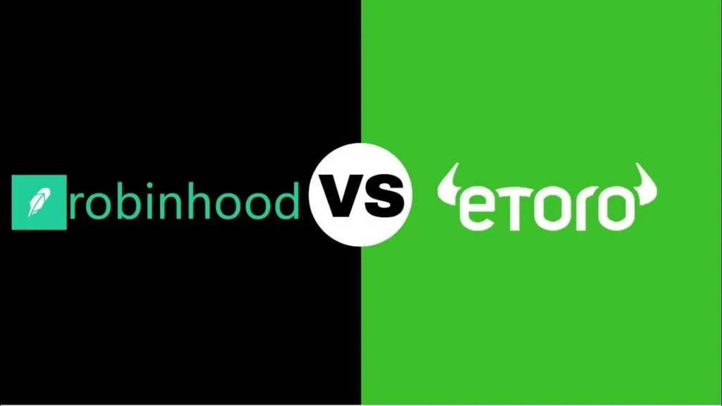 A split-screen graphic comparing “Robinhood vs eToro,” with Robinhood’s teal logo on a black background and eToro’s white logo on a bright green background, separated by a central “VS” circle, visually framing a direct comparison of two popular trading platforms for stocks and crypto.
