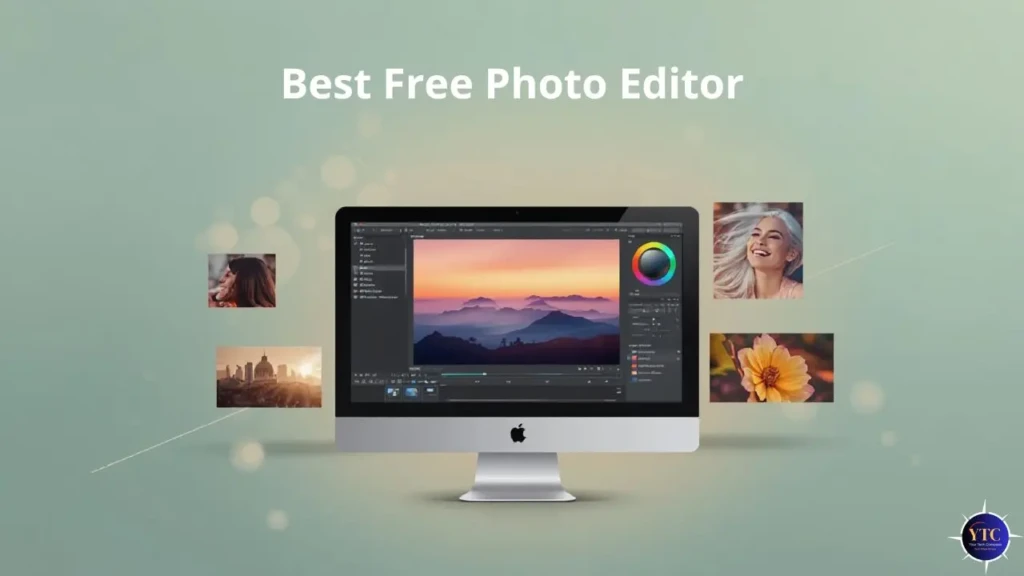 A promotional graphic titled “Best Free Photo Editor” featuring an iMac displaying a photo editing interface with a mountain sunset image, surrounded by sample photos of portraits, cityscapes, and flowers, highlighting versatile editing capabilities for amateur and professional users.