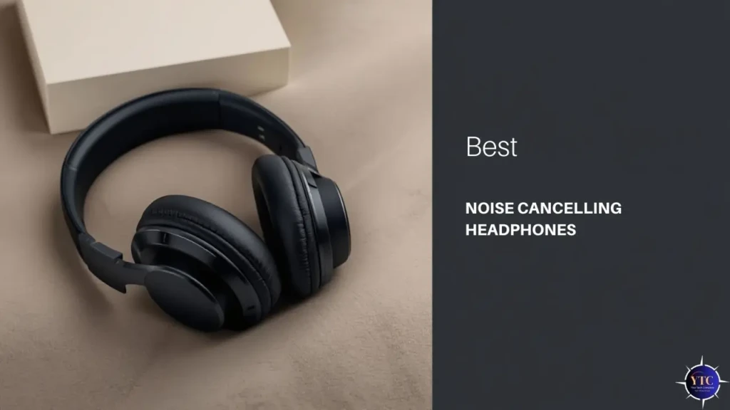 Black noise-cancelling headphones resting on a beige surface, alongside a beige box, highlighting their sleek design.