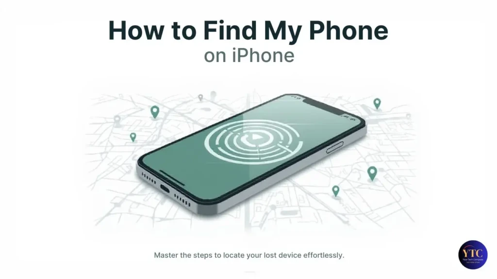 A promotional graphic titled “How to Find My Phone on iPhone,” featuring a smartphone hovering over a map with location pins and a radar-style signal, with the tagline “Master the steps to locate your lost device effortlessly,” emphasizing intuitive, reliable tracking for iOS users.