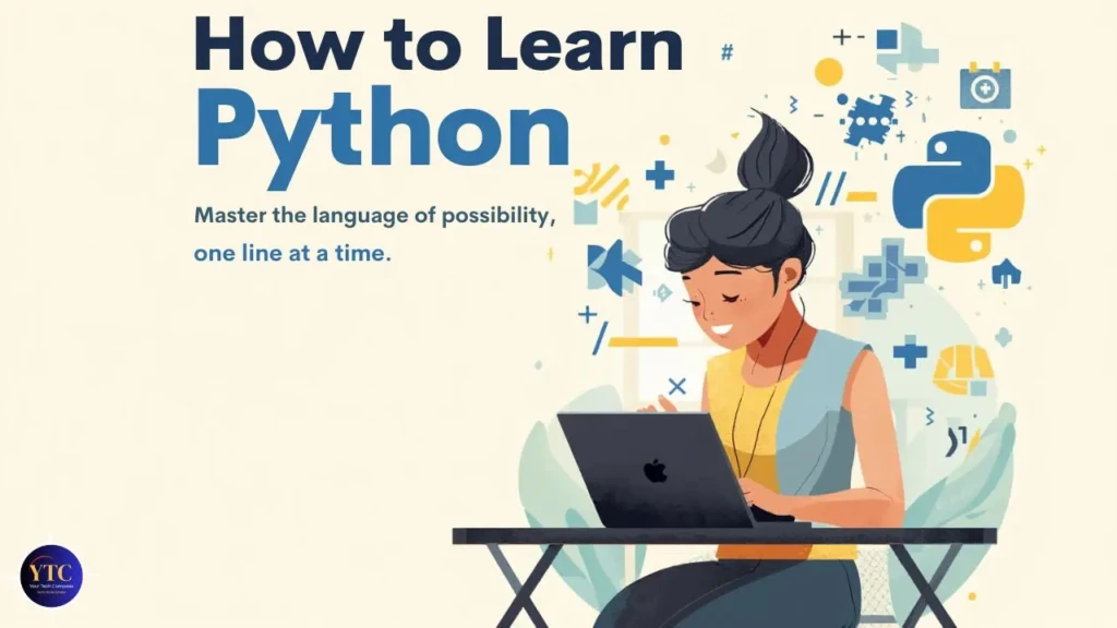 An illustrated graphic titled “How to Learn Python,” featuring a smiling woman typing on a laptop surrounded by floating icons including the Python logo, math symbols, and tech tools, with the tagline “Master the language of possibility, one line at a time.” encouraging step-by-step, joyful learning for beginners.