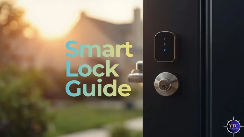 A promotional graphic titled “Smart Lock Guide” with colorful text overlaid on a blurred outdoor scene, next to a black smart lock installed on a front door with a digital keypad showing numbers 2, 5, and 7, suggesting an educational resource for choosing or using smart locks.