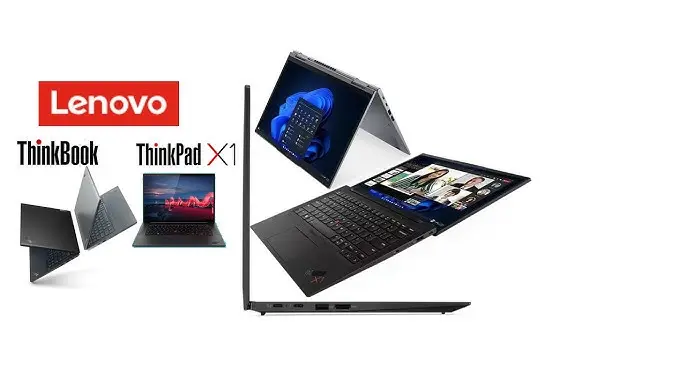 Lenovo ThinkBook and ThinkPad X1 laptops displayed in various configurations, including open, closed, and tent modes, with the Lenovo logo prominently featured