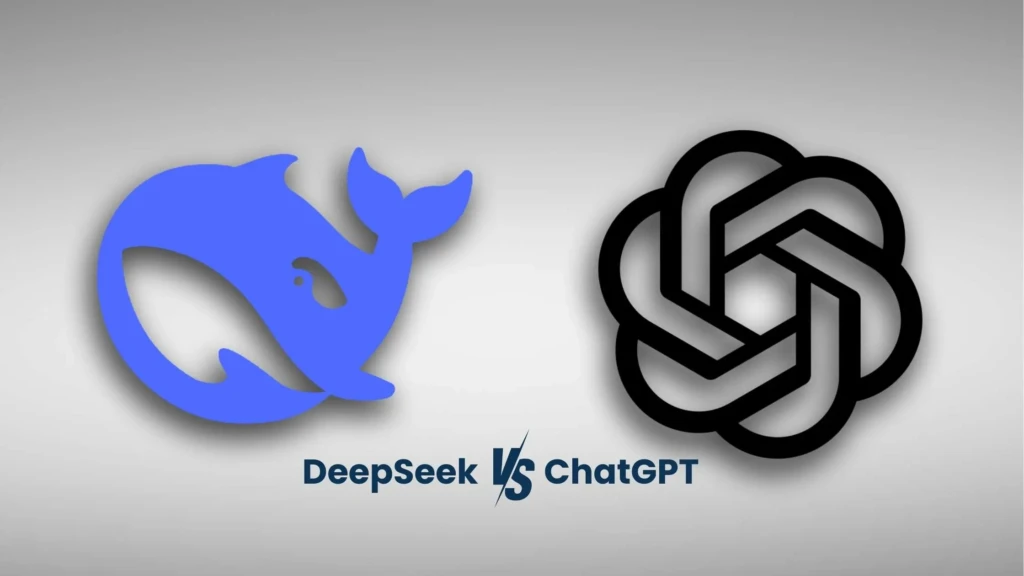 A side-by-side comparison graphic showing the DeepSeek whale logo on the left and the ChatGPT interlocking hexagon logo on the right, with text below reading “DeepSeek VS ChatGPT,” clearly indicating a head-to-head comparison between the two AI platforms.
