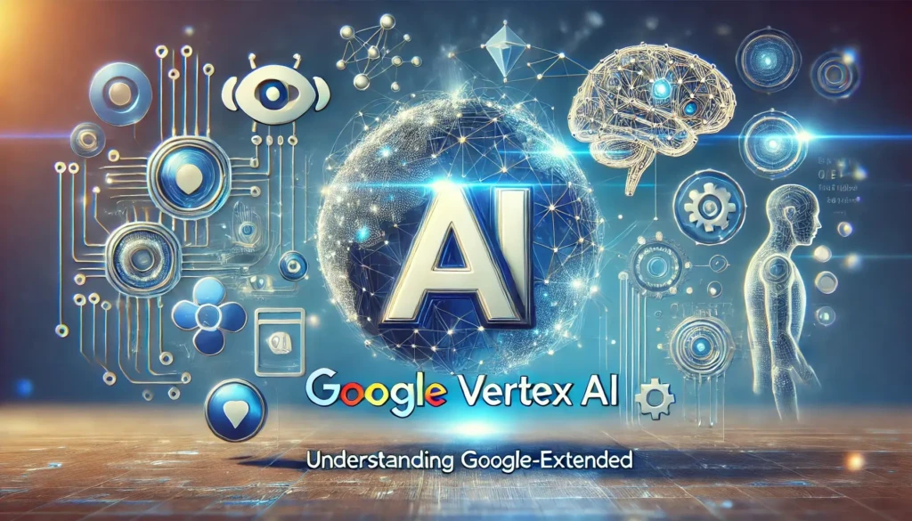 A futuristic digital illustration titled “Google Vertex AI: Understanding Google-Extended,” featuring a glowing “AI” letter inside a globe surrounded by neural networks, circuit boards, and human silhouettes, representing advanced, integrated AI solutions extending Google’s technology into enterprise and innovation domains.