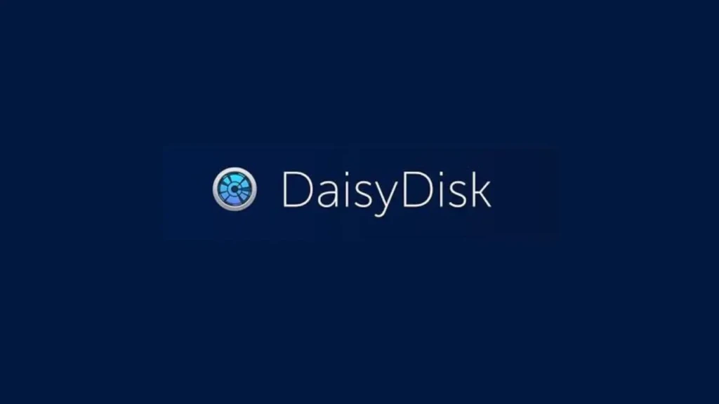 The DaisyDisk logo, a circular icon resembling a blue and silver disk or pie chart, next to the name “DaisyDisk” in white text against a deep navy blue background, representing its function as a visual disk space analyzer for macOS.
