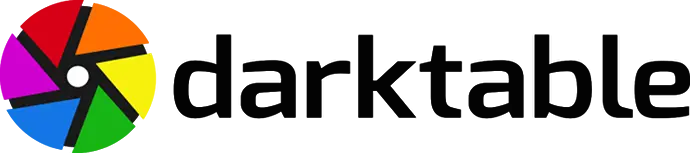 The Darktable logo featuring a colorful camera aperture icon with red, orange, yellow, green, blue, and purple segments, next to the word “darktable” in black lowercase letters, representing its open-source, non-destructive photo editing platform for RAW processing and digital darkroom workflows.
