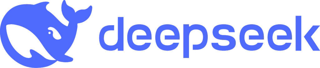 The DeepSeek logo featuring a stylized blue whale icon next to the lowercase word “deepseek” in bold blue font against a black background, representing the brand’s identity and AI-focused mission.