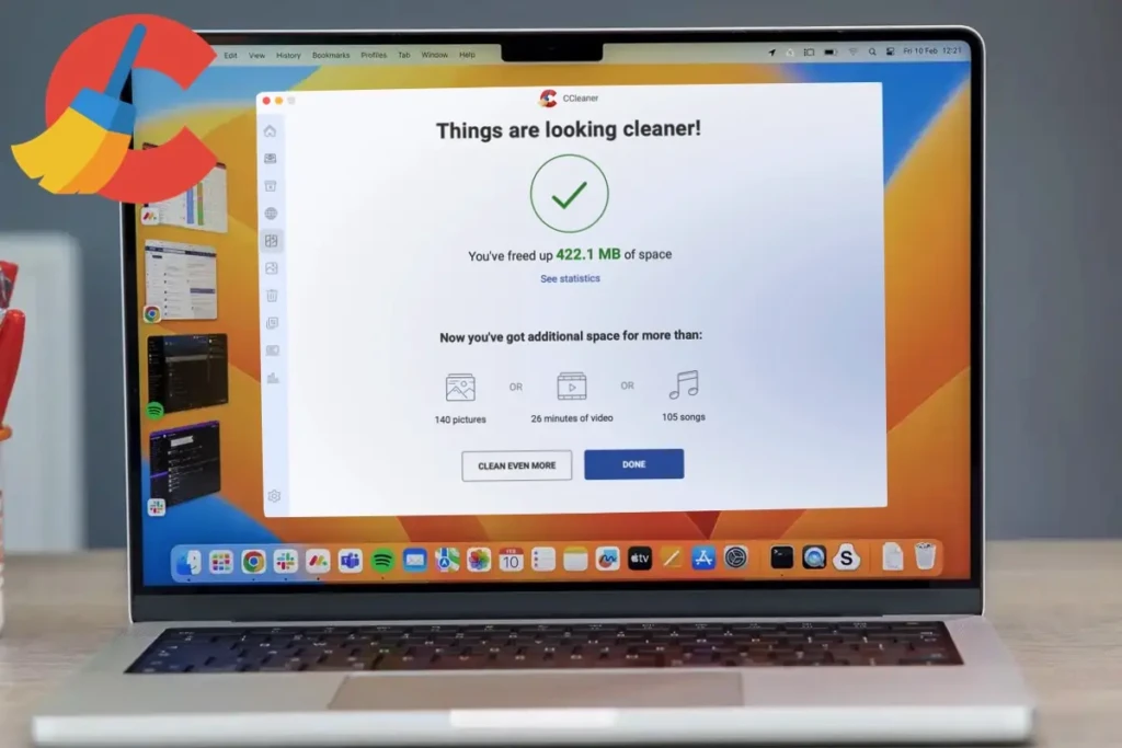 A MacBook running CCleaner, showing a success screen that reads “Things are looking cleaner!” with a green checkmark and message stating “You’ve freed up 422.1 MB of space,” illustrating real-time disk cleanup results and quantified storage recovery for users.