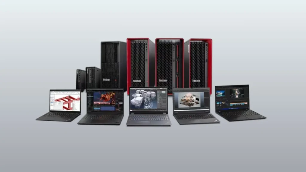 A lineup of Lenovo ThinkStation workstations and ThinkPad laptops displaying various software applications for design and editing
