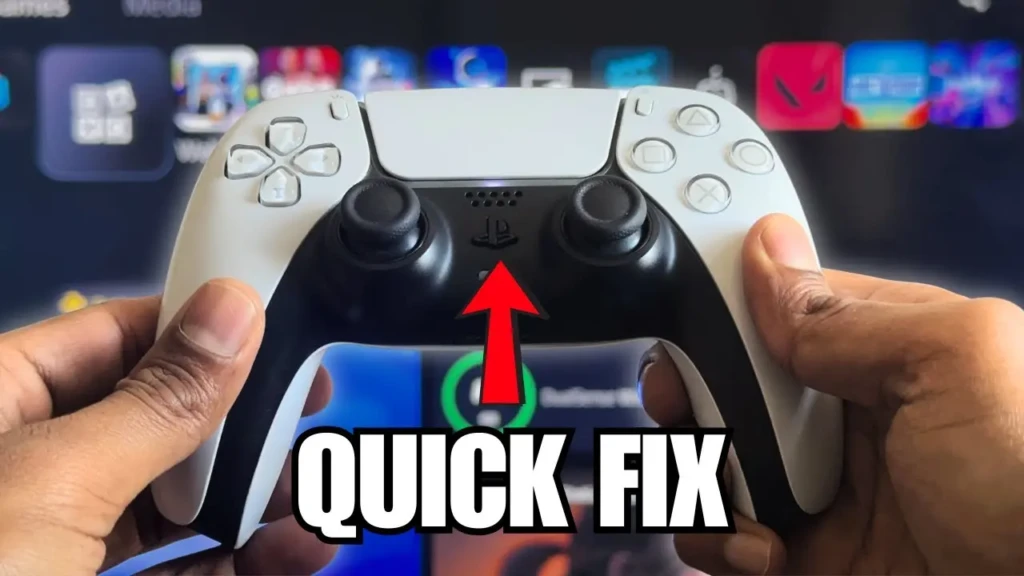 Hands holding a white PlayStation DualSense controller with a red arrow pointing to the PS button, overlaid with bold text “QUICK FIX,” suggesting a troubleshooting guide or shortcut for resolving common controller issues on PS5 or PC