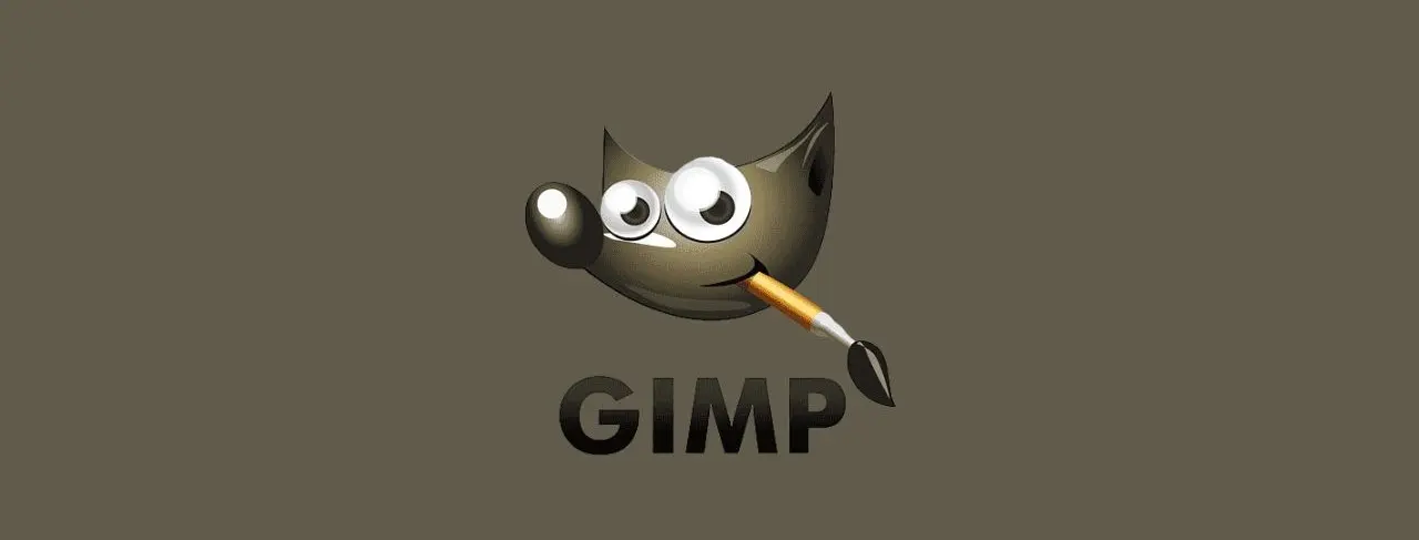 Logo of GIMP featuring a stylized cartoonish black dog with a brush in its mouth, set against a dark grey background.