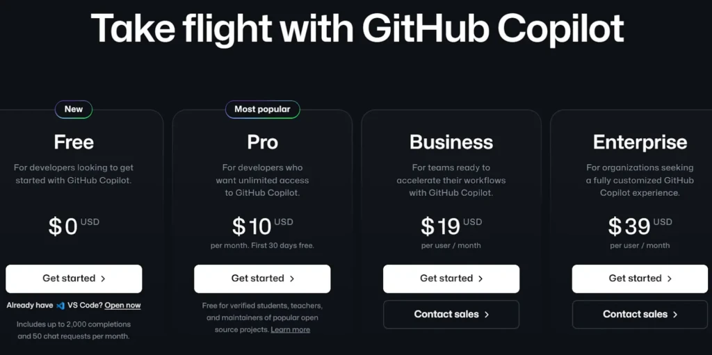 GitHub Copilot pricing page showing Free, Pro, Business, and Enterprise plans with monthly prices and call-to-action buttons