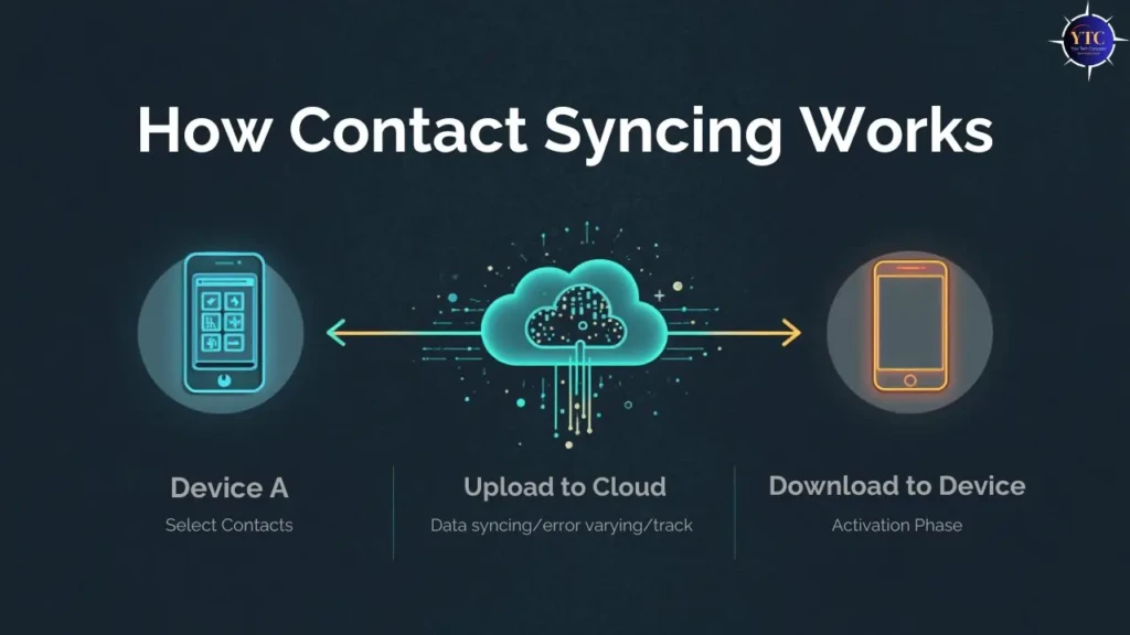 Diagram titled “How Contact Syncing Works” showing three stages: a phone labeled Device A on the left, a cloud icon in the center labeled Upload to Cloud, and another phone on the right labeled Download to Device, connected by arrows illustrating the flow of contact data through the cloud