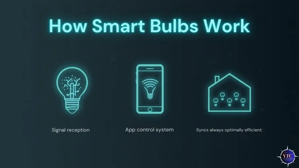 An infographic titled “How Smart Bulbs Work,” illustrating three key components: signal reception (bulb icon), app control system (phone icon), and synchronized efficiency (house icon), visually explaining the technology behind smart lighting automation and connectivity.