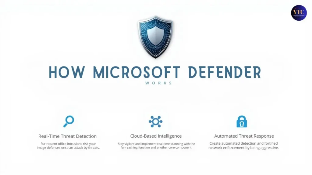 An infographic titled “HOW MICROSOFT DEFENDER WORKS,” highlighting three core components: Real-Time Threat Detection, Cloud-Based Intelligence, and Automated Threat Response, explaining how the platform proactively identifies, analyzes, and neutralizes security risks using AI and cloud data.