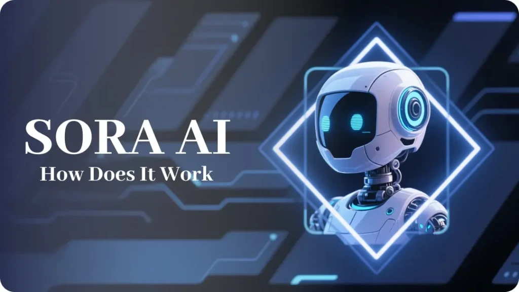 Illustration of a small futuristic robot with glowing blue eyes inside a geometric frame, accompanied by the text SORA AI How Does It Work on a dark technology-themed background