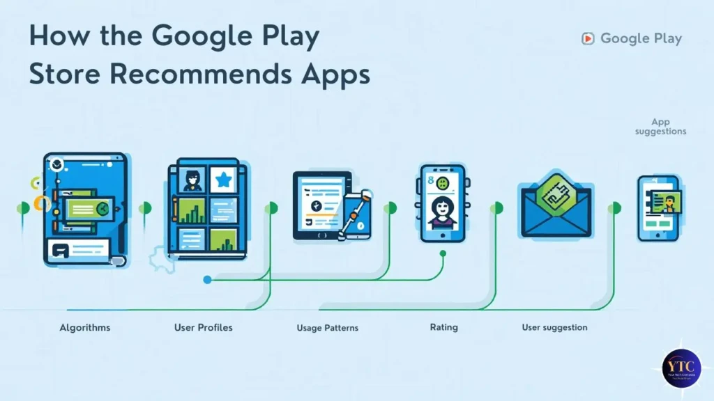 An infographic titled “How the Google Play Store Recommends Apps,” illustrating a flow from algorithms and user profiles to usage patterns, ratings, and personalized suggestions, visually explaining how AI-driven recommendations tailor app discovery to individual users.