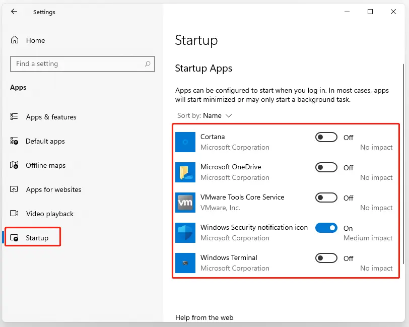 Windows Settings screen showing the “Startup” apps list, where users can toggle apps like Cortana, OneDrive, and Windows Terminal to start automatically at login. The “Windows Security notification icon” is turned on, while others are off, helping manage startup performance and impact