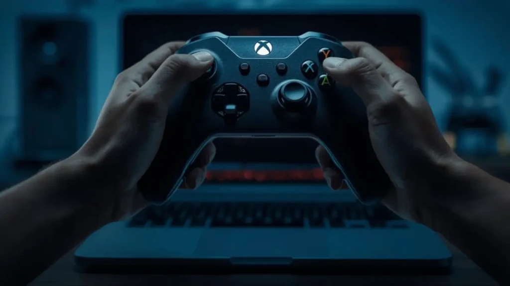 Close-up of hands gripping a black Xbox controller over a laptop in a dimly lit room, with soft ambient lighting reflecting off the keys. Emphasizes immersive gameplay and ergonomic comfort during extended gaming sessions on PC