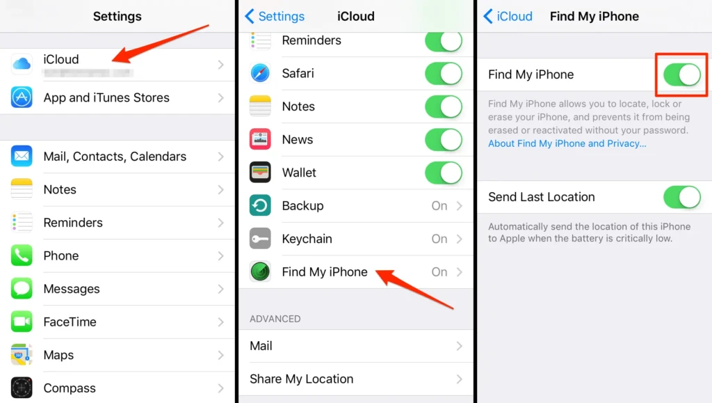 A three-panel screenshot sequence guiding users to enable “Find My iPhone” in Settings: navigate to iCloud, select “Find My iPhone,” and toggle it on, with red arrows and highlights emphasizing each step for easy setup and device security.