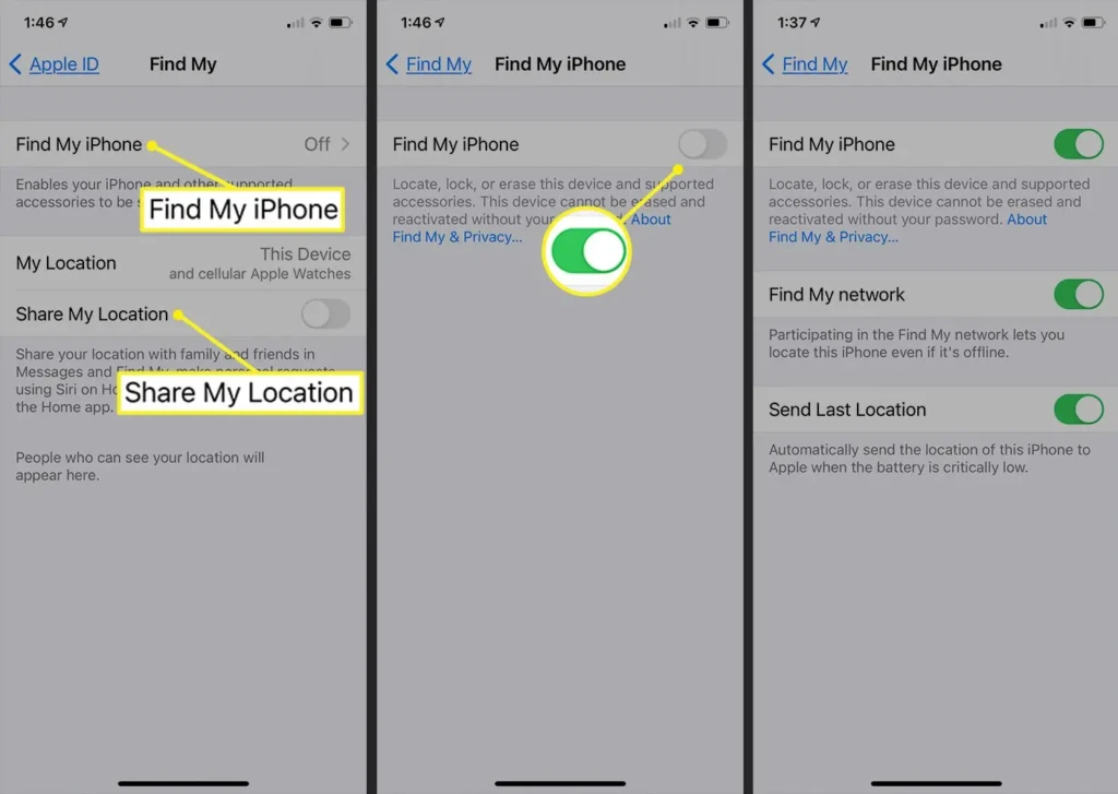 Three screenshots of iPhone settings: iCloud settings with options for Find My iPhone, Backup, and Send Last Location toggled on.