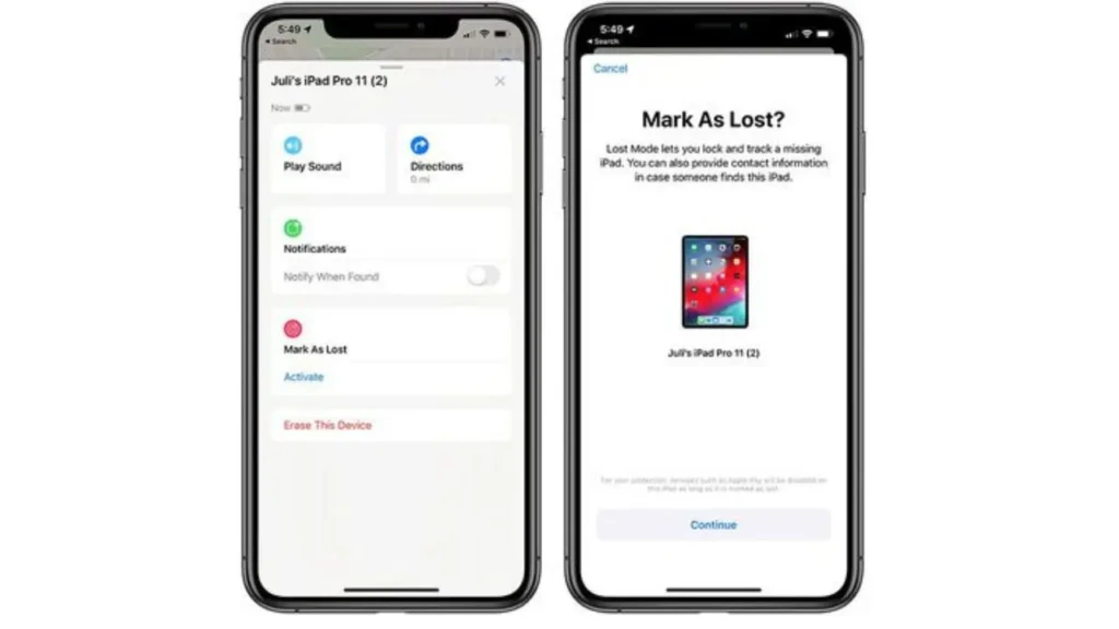 Two iPhone screens side by side showing the “Find My” app interface for “Juli’s iPad Pro 11 (2)” one displaying options like Play Sound and Mark As Lost, the other confirming activation of Lost Mode to lock and track the missing device.