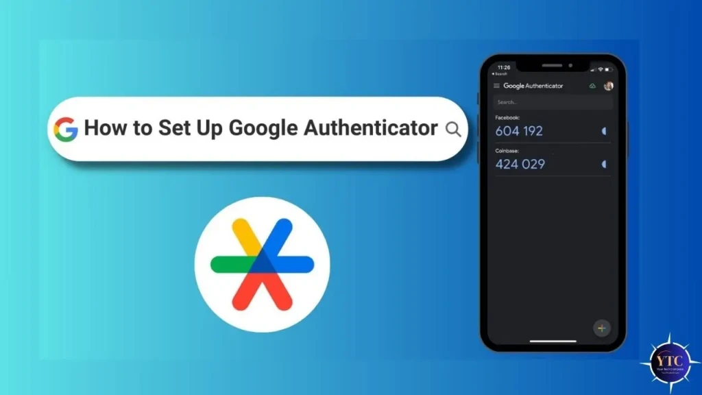 "Blue gradient background with a search bar for 'How to Set Up Google Authenticator' and a mobile screen displaying authorization codes."
