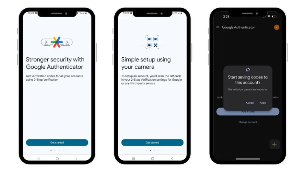 Three smartphone screens displaying Google Authenticator’s onboarding process: first, introducing “Stronger security with Google Authenticator”; second, guiding users to set up via QR code scan; third, prompting to “Start saving codes to this account?” illustrating its simple, step-by-step setup for 2-Step Verification.