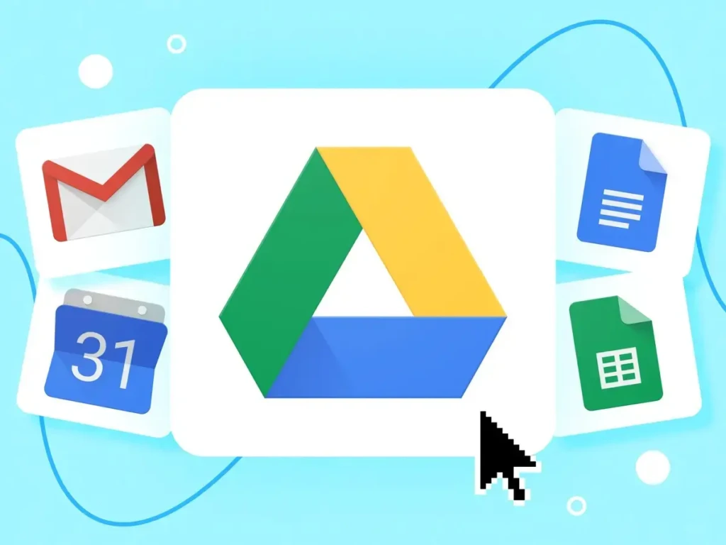 Google Drive logo displayed in the center on a light blue background, surrounded by floating icons for Gmail, Google Calendar, Google Docs, and Google Sheets, with a black cursor arrow pointing toward the Drive logo