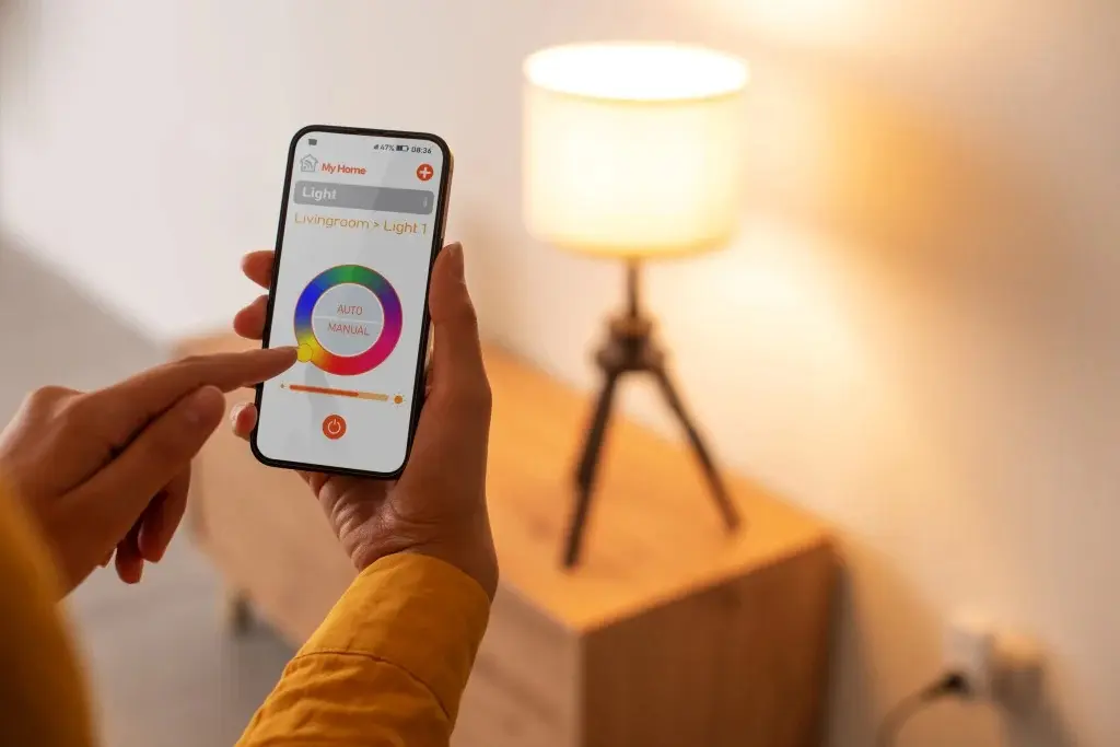 A person adjusting the color and brightness of a smart lamp using a smartphone app labeled “My Home,” with the interface showing a rainbow color wheel and manual slider, demonstrating intuitive remote control of smart lighting in a home setting.