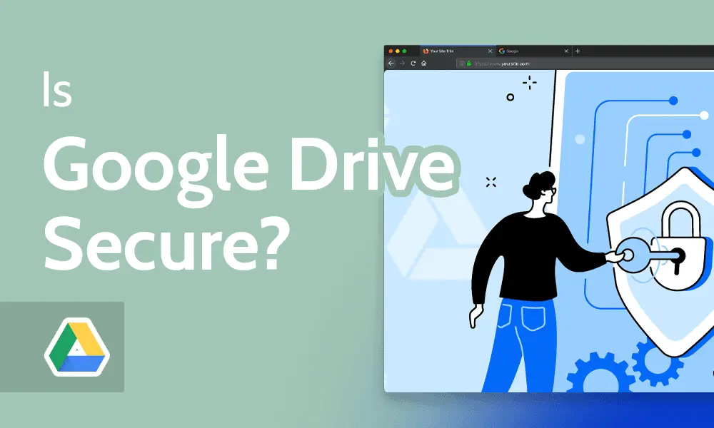 Large green background with the text “Is Google Drive Secure?” on the left, the Google Drive logo below the text, and an illustration on the right showing a person interacting with a large shield and padlock inside a browser window representing file security