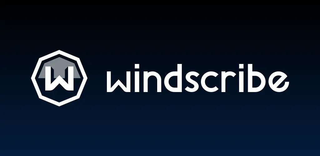 The Windscribe logo, a white hexagonal icon with a stylized โWโ inside, alongside the word โwindscribeโ in lowercase white letters, displayed on a dark navy background, representing its brand identity as a privacy-focused VPN service.