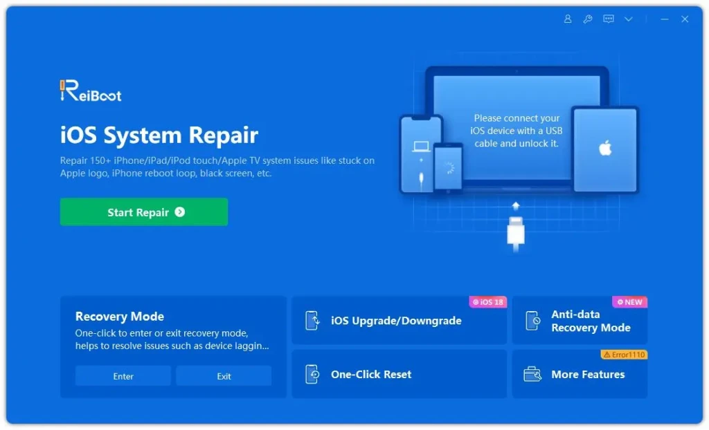 The Reiboot software interface displaying “iOS System Repair” with a green “Start Repair” button, alongside features like Recovery Mode, iOS Upgrade/Downgrade, and One-Click Reset, illustrating its comprehensive toolkit for resolving iPhone, iPad, and iPod touch system problems.