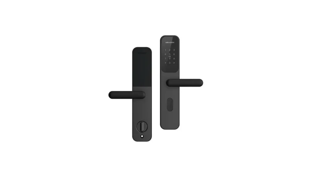 Two views of a black Hikvision smart door lock against a white background, one showing the interior thumbturn and the other displaying the exterior keypad and handle, highlighting its minimalist design and dual-sided functionality.
