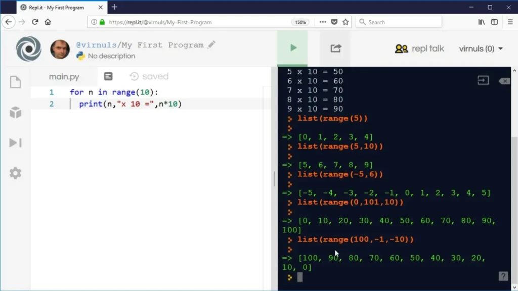 A screenshot of a Repl.it online Python editor showing a simple multiplication loop in main.py that prints multiples of 10, with the output displayed on the right — including examples of range() function usage like list(range(5)) and list(range(100,-1,-10)), illustrating beginner-friendly coding practice in an interactive environment.