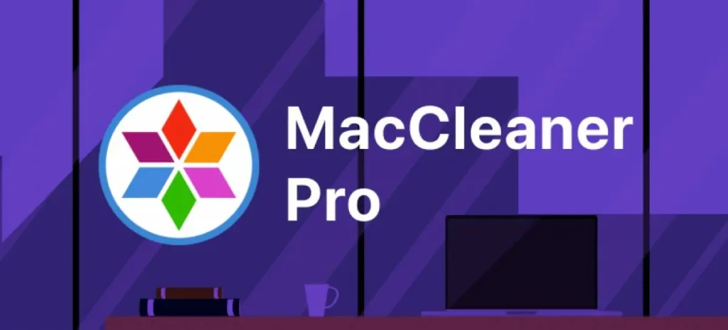 The MacCleaner Pro logo displaying a colorful, multi-petaled flower-like icon inside a white circle beside the text “MacCleaner Pro,” set against a modern purple geometric background with a stylized desk scene, suggesting comprehensive system optimization and maintenance.