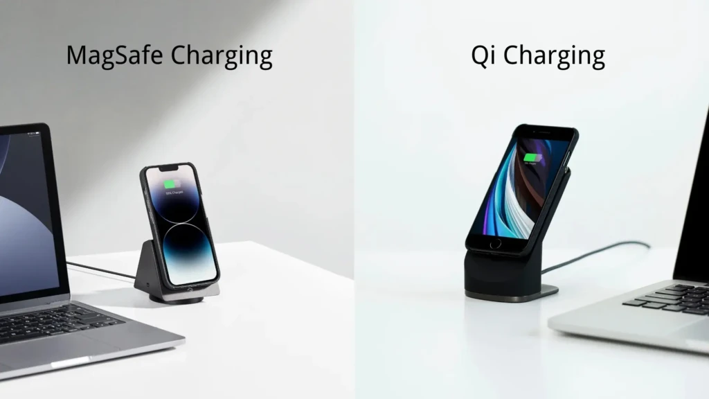 A side-by-side comparison showing “MagSafe Charging” on the left (iPhone magnetically aligned on a stand) and “Qi Charging” on the right (iPhone resting on a non-magnetic stand), highlighting the difference in alignment and technology between Apple’s magnetic system and universal Qi standard.