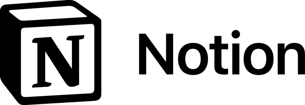 The Notion logo featuring a black cube with a white face displaying a bold black “N,” next to the word “Notion” in black, set against a muted green background, symbolizing its all-in-one workspace for notes, tasks, databases, and collaboration.